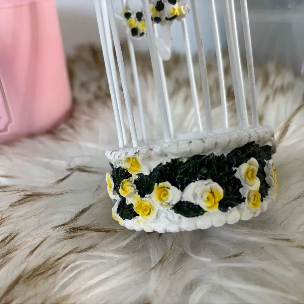 Shabby Chick White Yellow Floral Cage That Hangs with 2 Lovebirds